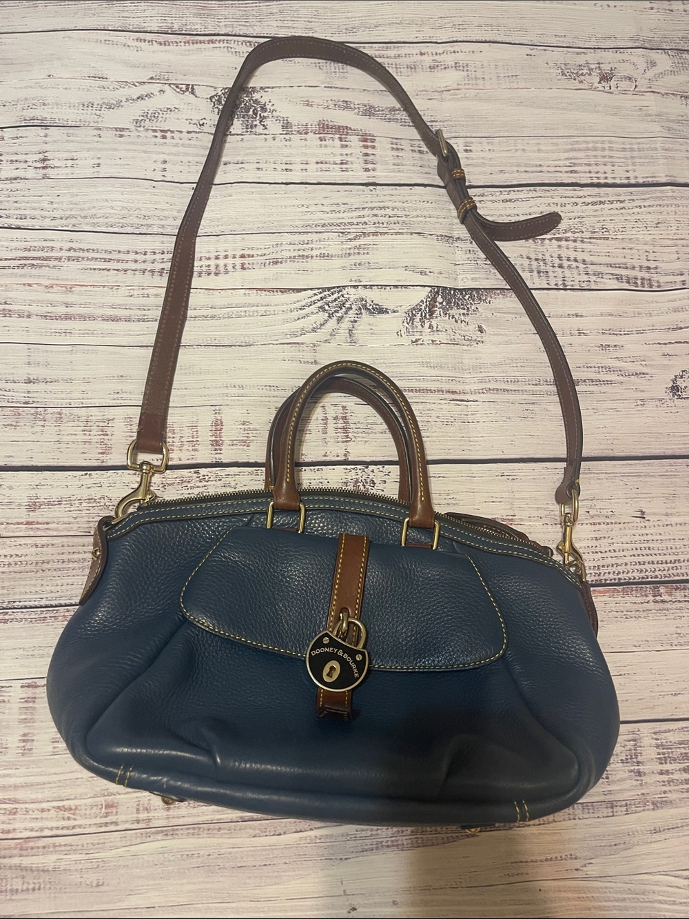 Dooney & Bourke Samba Satchel Classic Navy Leather Satchel with Brown Trim